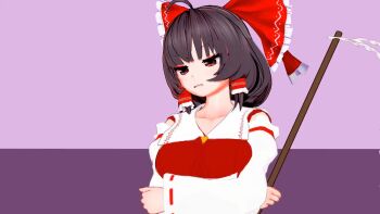 Rule 34 | 3d, 4girls, animated, armor, blonde hair, bouncing breasts, breasts, brown eyes, brown hair, chen, closed eyes, closed mouth, crossed arms, explosion, explosive, fox girl, grabbing own breast, grenade, hair ribbon, hakurei reimu, half-closed eyes, hand on own head, happy, highres, japanese clothes, jiggle, long hair, medium hair, miko, military uniform, multiple girls, open mouth, ribbon, siblings, sisters, smile, tagme, throwing, tongue, touhou, unamused, very long hair, video, weapon, yakumo ran, yakumo yukari