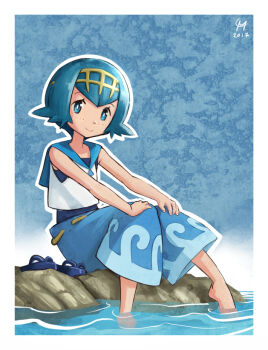Rule 34 | 1girl, barefoot, blue eyes, blue hair, blue pants, blue sailor collar, blue sky, bright pupils, capri pants, feet, feet in water, hairband, lana (pokemon), looking at viewer, maxa', nintendo, ocean, pants, pokemon, pokemon sm, rock, sailor collar, sandals, shirt, short hair, sitting, sky, sleeveless, sleeveless shirt, smile, solo, toes, unworn sandals, water, wave print, white pupils, white shirt, yellow hairband