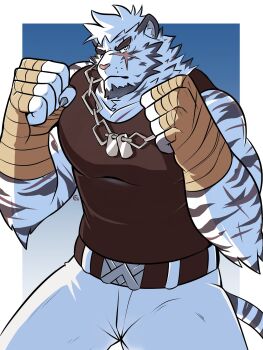 1boy animal_ears arknights bandaged_hand bandages bara belt black_tank_top chain chain_necklace clenched_hands commentary dog_tags english_commentary facial_hair feet_out_of_frame fighting_stance furry furry_male garodyne goatee hand_wraps highres jewelry large_hands large_pectorals looking_at_viewer male_focus mountain_(arknights) muscular muscular_male necklace pants pectorals scar scar_across_eye scar_on_arm scar_on_face short_hair solo tail tank_top thick_eyebrows thick_thighs thighs tiger_boy tiger_ears tiger_stripes tiger_tail white_pants