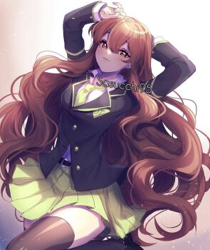 1girl :3 arm_behind_head arms_up artist_name artist_self-insert belt black_belt black_jacket black_thighhighs blazer bloom breasts brown_background brown_eyes brown_hair buttons closed_mouth collared_shirt commentary cowboy_shot double-parted_bangs english_commentary fingernails gradient_background green_necktie green_skirt green_trim hair_between_eyes hand_on_own_head highres jacket layered_sleeves light_particles long_sleeves looking_at_viewer miniskirt necktie original pleated_skirt sasu_(sasucchi95) sasucchi95 school_uniform shirt simple_background skirt small_breasts solo standing standing_on_one_leg thighhighs two-tone_background wavy_hair white_background white_shirt zettai_ryouiki