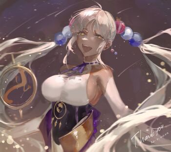 Rule 34 | 1girl, :d, blonde hair, breasts, commentary, dark-skinned female, dark skin, dated, detached sleeves, dokuro deluxe, english commentary, hair ornament, highres, hololive, hololive english, large breasts, long hair, looking at viewer, neckerchief, open mouth, planet hair ornament, sidelocks, smile, solo, teeth, tsukumo sana, tsukumo sana (1st costume), twintails, upper teeth only, very long hair, virtual youtuber, yatagarasu (tsukumo sana), yellow eyes