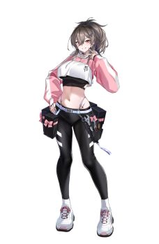 Rule 34 | 1girl, adjustable wrench, belt pouch, black choker, black pants, blue nails, blush, bow, breasts, brown hair, choker, commentary, counter:side, cropped sweater, drawstring, earrings, english commentary, fingernails, full body, grin, hair ornament, hair over one eye, hand on own hip, holster, hood, hood down, hooded sweater, jewelry, large breasts, long fingernails, long hair, looking at viewer, navel, official art, pants, pink bow, pink eyes, pink sweater, pliers, ponytail, pouch, screwdriver, shoes, smile, sneakers, socks, solo, standing, stomach, sweater, tachi-e, tattoo, tight clothes, tight pants, v, vesca (counter:side), white socks, white sweater, wrench