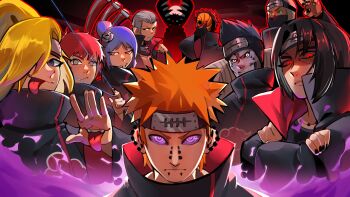 1girl 6+boys @_@ akatsuki_(naruto) aura bandana black_hair blonde_hair blue_hair character_request colored_skin crossed_arms deidara_(naruto) ear_piercing extra_mouth facial_mark grey_eyes grey_hair grey_skin hidan_(naruto) highres hoshigaki_kisame kakuzu_(naruto) konan_(naruto) long_hair luistopxeroso mask moon mouth_mask multiple_boys nails naruto_(series) one_eye_closed orange_hair pain_(naruto) pale_skin piercing purple_eyes red_aura red_eyes sasori_(naruto) scythe serious short_hair similar_clothes smile smoke spiked_hair thread tobi_(naruto) tongue tongue_out uchiha_itachi uchiha_obito zetsu_(naruto)