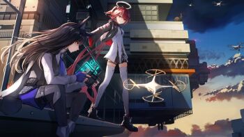 2girls absurdres animal_ears arknights cloud cloudy_sky controller drone english_text exusiai_(arknights) exusiai_the_new_covenant_(arknights) food halo highres holding holding_remote_control long_hair looking_at_another multiple_girls ofallx official_alternate_costume pocky remote_control remote_control_vehicle short_hair sky texas_(arknights) texas_the_omertosa_(arknights) traditional_halo wolf_ears wolf_girl