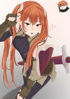 1boy 1girl :p black_pants breasts brown_eyes brown_gloves candy chibi closed_mouth commentary_request father_and_daughter fingerless_gloves fire_emblem fire_emblem_awakening food gaius_(fire_emblem) gloves highres lollipop lollipop_in_mouth long_hair looking_at_viewer nintendo orange_eyes orange_hair pants reshi_fe severa_(fire_emblem) sheath sheathed short_hair simple_background small_breasts smile sword tongue tongue_out twintails weapon