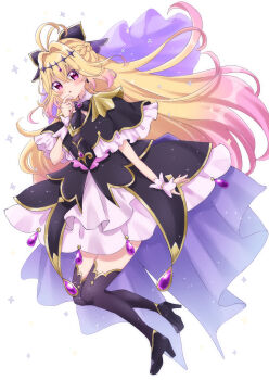 Rule 34 | 1girl, absurdres, antenna hair, black bow, black capelet, black dress, black shoes, black thighhighs, blonde hair, blush, bow, braid, brooch, capelet, cure arcana shadow, diamond hairband, dot nose, dress, frilled capelet, frills, full body, gradient hair, hair bow, hair intakes, hakumai konatsu, heart, heart brooch, high heels, highres, jewelry, layered dress, long hair, looking at viewer, magical girl, meitantei precure!, moria luluka, multicolored hair, parted lips, pink hair, precure, purple eyes, purple veil, shoes, simple background, solo, thighhighs, veil, white background, white wrist cuffs, wrist cuffs
