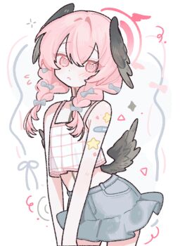 1girl :&lt; alternate_hairstyle bandaid bandaid_on_arm black_wings blue_archive blue_bow blue_skirt blush bow braid camisole commentary_request crop_top feathered_wings flying_sweatdrops hair_between_eyes hair_bow hair_over_shoulder halo head_wings koharu_(blue_archive) korean_commentary long_hair looking_at_viewer nagakiras2 pink_eyes pink_hair skirt solo star_(symbol) twin_braids white_background wings