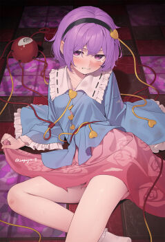 1girl artist_name black_hairband blue_shirt blush buttons commentary_request floral_print floral_print_skirt frilled_shirt_collar frilled_sleeves frills hair_between_eyes hairband heart_button highres kanpa_(campagne_9) komeiji_satori looking_at_viewer on_floor pink_skirt print_skirt purple_eyes purple_hair shirt short_hair skirt skirt_hold solo tearing_up thighs third_eye torn_clothes torn_skirt touhou twitter_username wide_sleeves