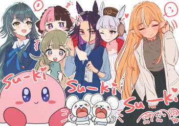 Rule 34 | :d, :o, anger vein, black skirt, blue bow, blue jacket, blue vest, blush, blush stickers, bow, brown hair, brown hat, brown shirt, character request, closed eyes, closed mouth, collared shirt, crossover, ear covers, eighth note, fenomeno (umamusume), flying sweatdrops, forehead, gakuen idolmaster, gold ship (casual) (umamusume), gold ship (umamusume), green eyes, green hair, grey hair, grey jacket, hat, highres, hololive, idolmaster, iris black games, jacket, kirby, kirby (series), long hair, mini hat, multicolored hair, multiple crossover, musical note, nintendo, open clothes, open jacket, open mouth, parted bangs, pink hair, pleated skirt, pointy ears, pokemon, pokemon (creature), purple eyes, purple hair, red eyes, red jacket, romaji text, sasaki (glass1138), shiranui flare, shirt, simple background, skirt, smile, spoken flying sweatdrops, spoken musical note, streaked hair, tachibana hinano, tandemaus, tsukimura temari, two-tone hair, umamusume, very long hair, vest, virtual youtuber, vspo!, white background, white shirt