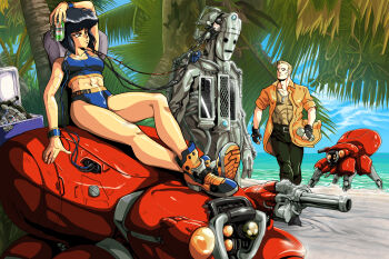 Rule 34 | 1980s (style), 1girl, 2boys, absurdres, arm cannon, artificial eye, asahi breweries, batou (gits), beach, beer bottle, beer can, blue sky, brain, bud light, cable, can, commentary, cooler, cybermen, cyberpunk, cyborg, day, doctor who, drink can, english commentary, english text, fingerless gloves, fuchikoma, ghost in the shell, glass bottle, gloves, heineken, highres, holding, holding can, humanoid robot, kusanagi motoko, mechanical eye, multiple boys, ocean, oldschool, otaking, outdoors, palm tree, retro artstyle, robot, sand, shoes, sky, sneakers, sports bra, sports panties, tree, weapon