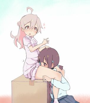 2girls blush box brown_eyes brown_hair cunnilingus ear_blush hand_on_another&#039;s_head highres hozuki_momiji implied_cunnilingus light_brown_hair medium_hair multiple_girls on_box onii-chan_wa_oshimai! oral oyama_mahiro sitting skirt suspender_skirt suspenders sweat triangle_mouth user_rwdn5335 yuri