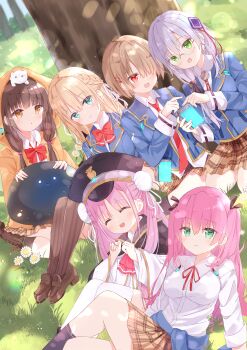 6+girls :d :o ^_^ absurdres against_tree aikawa_megumi animal animal_on_head aqua_eyes asakura_karen_(heaven_burns_red) black_cape black_capelet black_ribbon black_socks blonde_hair blue_eyes blue_jacket blush bow braid breasts brown_eyes brown_hair brown_skirt cape capelet cat cat_on_head cellphone cloak closed_eyes closed_mouth clothes_around_waist collared_shirt day double_bun dress_shirt eyes_visible_through_hair fang flower glasses grass green_eyes grey_hair hair_between_eyes hair_bun hair_flower hair_ornament hair_over_one_eye hair_over_shoulder hair_ribbon hairclip hat heaven_burns_red highres holding holding_phone hood hood_down hood_up hooded_jacket izumi_yuki_(heaven_burns_red) jacket jacket_around_waist kayamori_ruka kneehighs knees_up kunimi_tama large_breasts loafers long_hair long_sleeves looking_at_viewer low_twintails medium_breasts military_hat miniskirt multiple_girls narby_(heaven_burns_red) neck_ribbon necktie on_grass on_ground on_head one_eye_covered open_clothes open_jacket open_mouth orange_jacket outdoors parted_lips peaked_cap phone pink_hair plaid_clothes plaid_skirt pleated_skirt red_bow red_eyes red_necktie red_ribbon ribbon rimless_eyewear sakura_aki school_uniform shirt shoes short_hair sitting skirt small_breasts smartphone smile socks striped_clothes striped_thighhighs thighhighs toujou_tsukasa tree twintails two_side_up very_long_hair white_cat white_flower white_ribbon white_shirt white_thighhighs wide_sleeves yellow_jacket yokozuwari