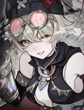 1girl absurdres adjusting_eyewear amekamu bare_shoulders beanie black_hat black_scarf blonde_hair braid braided_hair_rings breasts center_opening commentary fang genshin_impact goggles goggles_on_head hair_between_eyes hair_rings hand_on_eyewear hashtag-only_commentary hat highres jahoda_(genshin_impact) looking_at_viewer mechanical_arms one_eye_closed open_mouth prosthesis prosthetic_arm scarf single_mechanical_arm skin_fang small_breasts solo star-shaped_pupils star_(symbol) symbol-only_commentary symbol-shaped_pupils tinted_eyewear upper_body wink_star yellow_eyes