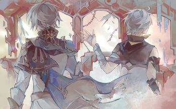 Rule 34 | 2boys, alternate universe, antenna hair, armor, back, bandaged arm, bandaged hand, bandaged wrist, bandages, bare shoulders, blue scarf, chinese commentary, coat, collared coat, collared shirt, crossover, dual persona, from behind, grey hair, hand up, high collar, highres, honkai: star rail, honkai (series), honkai impact 3rd, in-franchise crossover, junkreed, kevin kaslana, multicolored background, multicolored clothes, multiple boys, phainon (honkai: star rail), scarf, shirt, short hair, short sleeves, shoulder armor, standing, torn clothes, torn shirt, voice actor connection, white hair