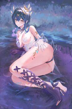 1girl absurdres ass asymmetrical_clothes asymmetrical_gloves asymmetrical_legwear bare_shoulders blue_eyes blue_hair breasts butterfly_pasties cleavage closed_mouth collarbone commentary full_body gloves hair_between_eyes high_heels highres hiuww katya_klein large_breasts laurel_crown looking_at_viewer lying medium_hair mismatched_gloves mismatched_legwear multicolored_hair official_alternate_costume on_side outdoors pasties pointy_ears purple_gloves purple_nails purple_socks revealing_clothes scar scar_on_face scar_on_nose sidelocks signature smile snowbreak:_containment_zone socks solo streaked_hair toeless_legwear white_gloves white_socks