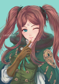 1girl absurdres aqua_background artist_name breasts brown_gloves brown_hair buttons cape commentary drag-on_dragoon drag-on_dragoon_3 english_commentary eyelashes facial_mark forehead_mark four_(drag-on_dragoon) fur-trimmed_cape fur_trim gloves green_cape green_eyes highres leofoxart long_hair medium_breasts one_eye_closed parted_lips pink_lips simple_background smile solo twintails twitter_username upper_body