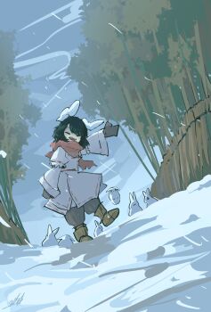 1girl adapted_costume animal_ears bamboo bamboo_forest black_hair boots brown_boots brown_mittens brown_pants closed_eyes commentary_request doggo_1d34 dress facing_viewer forest highres inaba_mob_(touhou) inaba_tewi long_sleeves medium_hair mittens nature outdoors pants pink_dress rabbit_day rabbit_ears rabbit_girl snow snowing touhou wide_sleeves winter winter_clothes