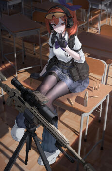 1girl absurdres ammunition arm_tattoo black_gloves black_pantyhose blue_leg_warmers blue_skirt blurry blurry_background bow bowtie buckle chair classroom closed_mouth collared_shirt commentary commission day desk dog_tags dress_shirt ear_protection english_commentary eyewear_on_head gloves gun hair_bow highres holster index_finger_raised indoors leg_warmers load_bearing_equipment looking_at_viewer on_desk orange_eyes orange_hair original pantyhose plaid_clothes plaid_skirt ponytail pouch purple_bow purple_bowtie rifle safety_glasses school_chair school_desk school_uniform shade shell_casing shirt shoes sitting skirt sleeves_rolled_up smile snap-fit_buckle sneakers sniper_rifle solo sthk sunlight tactical_school_uniform tattoo thigh_strap tinted_eyewear weapon weapon_request white_shirt white_shoes wooden_floor yellow-tinted_eyewear