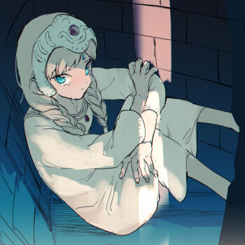 1girl aged_down blonde_hair blue_eyes braid closed_mouth commentary_request crying crying_with_eyes_open dress dungeon gem headpiece kaze_no_tani_no_nausicaa knees_up kushana long_hair long_sleeves red_gemstone sad serizawa_nae sitting solo tears twin_braids twintails white_dress