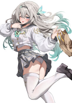 1girl ;p absurdres ass bag black_hairband black_mask blue_pupils blush breasts coffee_bag crotch_seam firefly_(honkai:_star_rail) firefly_(spring_missive)_(honkai:_star_rail) gradient_eyes grey_hair grey_sailor_collar grey_skirt hairband highres holding holding_bag honkai:_star_rail honkai_(series) kiro_(kirotayu) leg_up long_hair long_sleeves looking_at_viewer mask mask_pull medium_breasts multicolored_eyes official_alternate_costume one_eye_closed panties plaid_clothes pulling sailor_collar school_uniform serafuku shirt shoes skindentation skirt smile solo thighhighs tongue tongue_out underwear wedgie white_background white_panties white_shirt white_thighhighs
