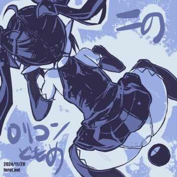 1girl ahoge all_fours ass backbeako_(torotei) backbeard blue_background commentary dated dated_commentary dress dutch_angle elbow_gloves feet_out_of_frame from_above gegege_no_kitarou gloves hair_ribbon kono_lolicon_domome loli long_hair monochrome original paid_reward_available panties pointy_ears ribbon simple_background sleeveless sleeveless_dress solo splatter_background sweat thighhighs torotei translated twintails underwear watermark web_address