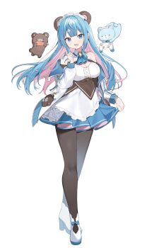 1girl absurdres animal_ears ascot bear_ears bear_girl belt blue_ascot blue_eyes blue_hair blue_skirt bow breasts center_frills cleavage colored_inner_hair commentary_request controller frills game_controller hair_bow hair_ornament highres indie_virtual_youtuber inuyayo long_hair long_sleeves mole mole_under_eye multicolored_hair open_mouth pantyhose pink_hair pleated_skirt shigma_riu shoes skirt smile streaked_hair stuffed_animal stuffed_toy teddy_bear virtual_youtuber white_background white_bow white_hair white_shoes