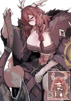 1girl abs animal_ear_fluff animal_ear_piercing animal_ears antlers axe braid braided_sidelocks breasts brown_hair cleavage coat commentary_request deer_antlers deer_ears deer_girl diana_(trickcal) diana_(yester)_(trickcal) earrings fur_coat hair_between_eyes highres holding holding_axe horns huge_breasts jewelry kurokuro_rakuga looking_at_viewer necklace sidelocks simple_background solo sweat tooth_necklace trickcal white_background