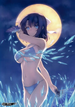 10s 1girl absurdres arm_up bare_shoulders bikini black_hair blue_bikini blue_eyes bow breasts cleavage cowboy_shot cryokinesis female_focus folding_fan full_moon hair_bow hand_fan highres hiten_(hitenkei) ice large_breasts moon navel night night_sky outdoors scan senran_kagura senran_kagura_shinovi_versus short_hair sky solo string_bikini swimsuit underboob yumi_(senran_kagura)