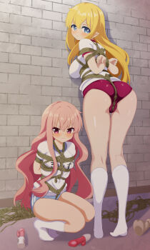 2girls absurdres angry arms_behind_back ass bdsm between_breasts between_buttocks blonde_hair blue_buruma blue_eyes blush bondage bound bound_arms bound_breasts bound_legs bound_torso breast_bondage breasts brick_wall buruma commission commissioner_upload crotch_rope crouching crying crying_with_eyes_open dildo elf embarrassed female_focus full_body glaring gym_shirt gym_uniform hair_between_eyes hamuta_(machosbrown) highres kneehighs large_breasts long_hair looking_at_another looking_back looking_to_the_side louise_francoise_le_blanc_de_la_valliere multiple_girls outdoors pelvic_curtain pink_eyes pink_hair pointy_ears red_buruma rope sex_toy shibari shibari_over_clothes shirt short_sleeves skeb_commission skin_tight skindentation small_breasts socks striped_buruma striped_clothes tearing_up tears thigh_gap thighs tiffania_westwood vibrator white_shirt white_socks zero_no_tsukaima