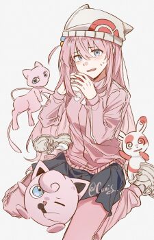 1girl 3others black_skirt blue_eyes bocchi_the_rock! breasts canis428 crossover cube_hair_ornament embarrassed full_body gen_1_pokemon gen_3_pokemon gotoh_hitori hair_ornament hands_up hat hat_with_ears highres holding holding_poke_ball jacket jigglypuff legendary_pokemon long_hair long_sleeves looking_at_viewer mew_(pokemon) miniskirt multiple_others mythical_pokemon nintendo open_mouth pants pink_hair pink_theme pink_track_suit pleated_skirt poke_ball poke_ball_hat poke_ball_print pokemon shoes signature sitting skirt small_breasts sneakers spinda sweatdrop track_jacket track_pants track_suit very_long_hair wariza white_background white_footwear