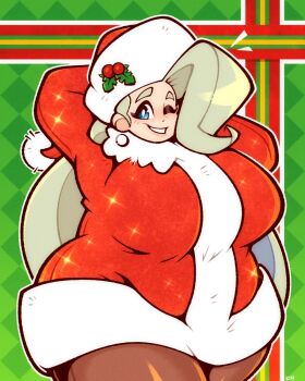 1girl alternate_breast_size_(larger) arms_behind_head blue_eyes breasts dress hat highres huge_breasts legendofnerd long_hair long_sleeves mature_female melony_(pokemon) mistletoe multicolored_hair nintendo one_eye_closed pantyhose plump pokemon pokemon_swsh santa_costume santa_dress santa_hat smile solo streaked_hair