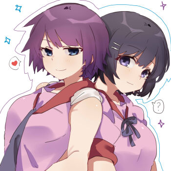 Rule 34 | 2girls, ?, absurdres, black hair, blue eyes, breasts, commentary, hair ornament, hairpin, hanekawa tsubasa, heart, highres, large breasts, looking at viewer, monogatari (series), multiple girls, naoetsu high school uniform, necktie, official alternate hairstyle, pink shirt, purple hair, purple necktie, school uniform, senjougahara hitagi, shirt, short hair, short sleeves, simple background, smile, sparkle, spoken heart, spoken question mark, tsugumi (tgm 615486), untranslatable commentary, white background