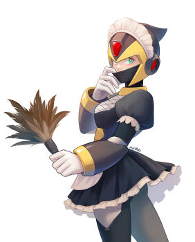 1girl absurdres apron ass black_dress black_mask breasts chinese_commentary commentary cowboy_shot dress duster feather_duster forehead_jewel genderswap genderswap_(mtf) gloves green_eyes grey_armor grey_helmet hand_on_own_face helmet highres holding holding_tool looking_at_viewer maid maid_apron maid_day maid_headdress mask mask_pull medium_breasts mega_man_(series) mega_man_x_(series) mouth_mask nao_(gatita) ninja petticoat revision robot shadow_armor_x_(mega_man) signature simple_background white_apron white_background white_gloves x_(mega_man)