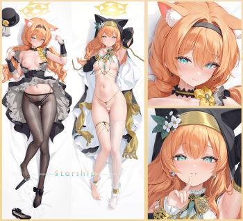 1girl absurdres adapted_costume animal_ear_fluff animal_ears aqua_eyes arm_behind_head arm_up armpits ascot bed_sheet black_hairband black_hat black_overskirt black_panties black_pantyhose black_shoes black_skirt black_sleeves black_veil blue_archive blush bow bow_choker braid breasts cameltoe cat_ears cat_girl censored choker closed_mouth cross dakimakura_(medium) detached_sleeves dress ears_under_headwear extra_ears feet flower frilled_choker frills full_body gluteal_fold gold_thighlet grey_dress hair_between_eyes hairband halo hat hat_flower heart heart_censor high_heels highres houkisei index_finger_raised long_hair long_sleeves looking_at_viewer low_twintails lying mari_(blue_archive) mari_(idol)_(blue_archive) medium_breasts microphone mini_hat mini_top_hat multiple_expressions naked_sheet navel no_bra nun official_alternate_costume official_alternate_hairstyle on_back on_bed open_clothes open_dress orange_hair panties panties_under_pantyhose pantyhose puffy_long_sleeves puffy_sleeves rose see-through_clothes see-through_pantyhose see-through_thighhighs shoes single_bare_foot single_braid single_thighhigh skindentation skirt smile stomach thighhighs thighlet thighs top_hat twintails underboob underwear unworn_hat unworn_headwear unworn_shoe veil white_ascot white_thighhighs wrist_wrap yellow_bow yellow_flower yellow_halo yellow_rose