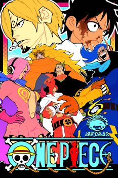 1girl 6+boys absurdres black_hair blonde_hair blood blood_on_face blue_hair bonesaw_(rdkshinku) brother_and_sister cigarette commentary copyright_name crossed_arms curly_eyebrows dress evil_smile facial_hair father_and_daughter father_and_son gloves goatee green_hair hair_over_one_eye hand_on_own_hip headphones highres long_hair medium_hair monkey_d._luffy multiple_boys mustache one_piece open_mouth pink_hair plunging_neckline red_hair sanji_(one_piece) sash short_dress short_hair siblings smile twitter_username vinsmoke_ichiji vinsmoke_judge vinsmoke_niji vinsmoke_reiju vinsmoke_yonji