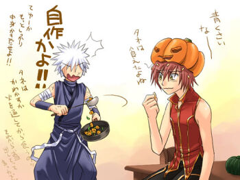 Rule 34 | 2boys, assassin (ragnarok online), bandages, black pants, brown eyes, chair, commentary request, dated commentary, food, frying pan, holding, holding frying pan, holding ladle, jack-o'-lantern, ladle, male focus, multiple boys, oomojiya, open mouth, pants, pumpkin, pumpkin hat, purple pants, purple shirt, ragnarok online, red hair, red shirt, shirt, sleeveless, sleeveless shirt, table, v-shaped eyebrows, wavy mouth, white hair, wizard (ragnarok online)