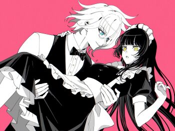 1boy 1girl :o apron blue_eyes bow bowtie carrying collared_shirt commentary dress english_commentary greyscale_with_colored_background grin highres hira_icigocha kamiya_shun long_hair maid maid_apron maid_headdress oc_x_canon original princess_carry puffy_short_sleeves puffy_sleeves shirt short_hair short_sleeves small_sweatdrop smile spot_color teeth tribe_nine vest yellow_eyes