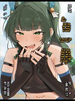 1girl alterkyon android arm_strap black_gloves breasts commentary elbow_gloves english_commentary english_text fingerless_gloves gloves green_eyes green_hair hair_ornament highres long_hair looking_at_viewer medium_breasts navel qingyi_(zenless_zone_zero) solo sphere_hair_ornament twintails zenless_zone_zero