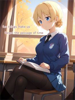Rule 34 | 1girl, black necktie, black pantyhose, blonde hair, blue eyes, blue skirt, blue sweater, book, breasts, chair, classroom, crossed legs, darjeeling (girls und panzer), desk, emblem, girls und panzer, haiiro purin, indoors, long hair, medium breasts, necktie, pantyhose, reading, school chair, school desk, school uniform, sitting, skirt, solo, st. gloriana's school uniform, sweater, tree, window