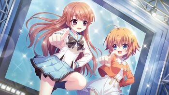 2girls :d ahoge black_hair blue_eyes blue_sailor_collar blue_skirt blue_socks bow braid breasts brown_hair diagonal-striped_bow dot_nose dress film_grain game_cg hair_ornament hairclip hand_on_own_hip izumi_tsubasu long_hair long_sleeves looking_at_another marehoshi_academy_school_uniform medium_breasts mizushino_tamaki multiple_girls non-web_source official_art open_mouth orange_hair orange_shirt pointing pointing_at_viewer purple_eyes re:stage! sailor_collar school_uniform screen serafuku shikimiya_mana shirt short_hair skirt small_breasts smile socks stage_lights standing standing_on_one_leg striped_bow white_dress white_shirt winter_uniform yellow_bow