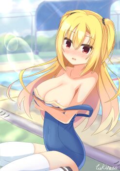 Rule 34 | 1girl, absurdres, alternate costume, areola slip, arihara nanami, black scrunchie, blonde hair, blue one-piece swimsuit, blurry, blurry background, blush, breasts, cleavage, clothes pull, collarbone, commentary request, covered navel, covering breasts, covering privates, crossed arms, day, embarrassed, eyes visible through hair, feet out of frame, floating hair, hair between eyes, hair ornament, hair scrunchie, highres, large breasts, long hair, looking at viewer, nose blush, one-piece swimsuit, one-piece swimsuit pull, open mouth, outdoors, pool, poolside, red eyes, riddle joker, school swimsuit, scrunchie, sidelocks, signature, sitting, skindentation, solo, swimsuit, tearing up, thighhighs, two side up, very long hair, wardrobe malfunction, white thighhighs, yukinoto1390