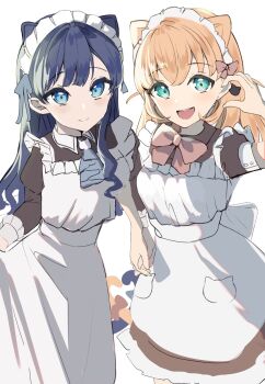 2girls :d animal_ears apron aqua_eyes ascot black_dress blue_ascot blue_eyes blue_hair bow bowtie breasts cat_brooch cat_ears cat_tail closed_mouth commentary cowboy_shot crossed_bangs dress frilled_apron frills half-heart_hands heart_tail_duo highres hinoshita_kaho holding_hands juliet_sleeves link!_like!_love_live! long_hair long_sleeves looking_at_viewer love_live! maid maid_apron maid_headdress medium_breasts multiple_girls murano_sayaka nyan_nyan_nyan_fair_in_gamers official_alternate_costume official_alternate_hair_length official_alternate_hairstyle open_mouth orange_hair pink_bow pink_bowtie puffy_short_sleeves puffy_sleeves sango_(sin5_do_sng) short_sleeves smile split_mouth tail tail_bow tail_ornament teeth upper_teeth_only virtual_youtuber white_apron