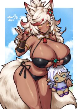 1girl absurdres animal_ear_fluff animal_ears armlet artist_name bad_tag bikini black_bikini black_bracer blue_sky bracer breasts character_doll cleavage cloud colored_tips commentary commission cowboy_shot dark-skinned_female dark_skin doll english_commentary fox_ears fox_girl fox_tail gold_armlet hair_ornament hand_up highres holding holding_doll huge_breasts jewelry ko-fi_commission leaning_forward light_blush looking_at_viewer multicolored_hair nail_polish navel orange_eyes original red_hair red_nails red_ribbon ribbon rotomdocs side-tie_bikini_bottom sideboob signature sky smile solo standing stomach swimsuit tail v white_hair wide_hips