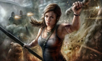 1girl 2boys absurdres animal brown_eyes brown_hair dog earth_(planet) gun highres lara_croft long_hair mask multiple_boys planet rain realistic rope tomb_raider tomb_raider_(reboot) weapon