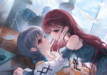 2girls bang_dream! bang_dream!_it&#039;s_mygo!!!!! blue_dress brown_hair choker commentary commission dress drum drum_set ear_piercing earclip earrings english_commentary eye_contact falling_paper floor grey_hair highres ichitata instrument jewelry long_hair long_sleeves looking_at_another mole mole_under_eye multiple_girls notebook parted_lips piercing purple_eyes red_eyes sheet_music shiina_taki short_hair takamatsu_tomori white_choker yellow_dress yukadon yuri