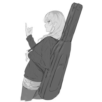 1girl girls_band_cry greyscale guitar_case highres instrument_case instrument_on_back kanade_(kanade_3344) kawaragi_momoka long_hair monochrome multicolored_hair pantyhose pantyhose_under_shorts pinky_out roots_(hair) shorts sidelocks simple_background solo sweater white_background