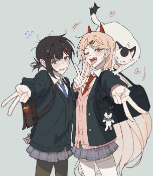 2girls animal animal_on_shoulder bag black_bag black_pantyhose blue_necktie blush breasts brown_eyes brown_hair cardigan cat cat_on_shoulder chainsaw_man character_charm charm_(object) collared_shirt commentary_request cowboy_shot cross-shaped_pupils dalsan110 demon_girl double_v green_cardigan green_jacket grey_background grey_skirt hair_behind_ear higashiyama_kobeni horns jacket korean_commentary long_hair low_ponytail medium_hair meowy_(chainsaw_man) messy_hair multiple_girls necktie nervous_smile one_eye_closed open_mouth orange_eyes pantyhose pink_cardigan pink_hair plaid_clothes plaid_skirt ponytail power_(chainsaw_man) red_horns red_necktie sharp_teeth shirt shoulder_bag skirt small_breasts smile sweatdrop symbol-shaped_pupils teeth thighhighs tongue tongue_out v white_shirt white_thighhighs