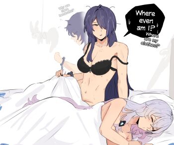 2girls absurdres acheron_(honkai:_star_rail) aftersex bare_shoulders bite_mark black_swan_(honkai:_star_rail) bound bound_wrists breasts cleavage couple cuffs hair_over_one_eye hair_spread_out handcuffs highres honkai:_star_rail honkai_(series) large_breasts long_hair multiple_girls purple_hair smile very_long_hair yellow_eyes yuri zanqi