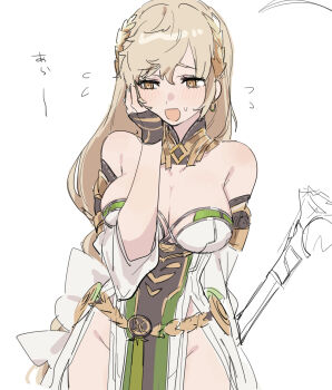 Rule 34 | 1girl, blonde hair, blush, braid, braided ponytail, breasts, cleavage, crown braid, demeter (fate), detached collar, dress, earrings, fate/grand order, fate (series), gold trim, green dress, highres, jewelry, kaigan0211, large breasts, laurel crown, long hair, open mouth, pelvic curtain, short dress, solo, very long hair, white dress, yellow eyes