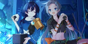 Rule 34 | 2girls, :3, arm ribbon, armor, artist request, bento, black hair, black shirt, black skirt, blue dress, blue eyes, blue hair, blue hat, closed eyes, closed mouth, coat, crystal, dress, food, game asset, grey hair, hat, highres, himemushi momoyo, holding, holding bento, holding food, iizunamaru megumu, long hair, long sleeves, midriff, multiple girls, navel, official art, onigiri, open mouth, pauldrons, ribbon, ribbon-trimmed sleeves, ribbon trim, shirt, short sleeves, shoulder armor, shoulder guard, single pauldron, skirt, sleeveless, sleeveless coat, smile, third-party source, tokin hat, touhou, touhou lostword, wide sleeves